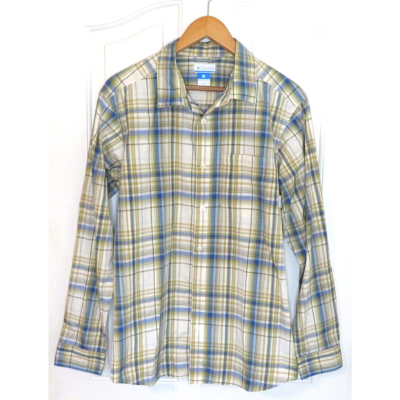 Columbia Other - Columbia Men's Long Sleeve Plaid Nylon Button Shirt White Blue Green - Size M